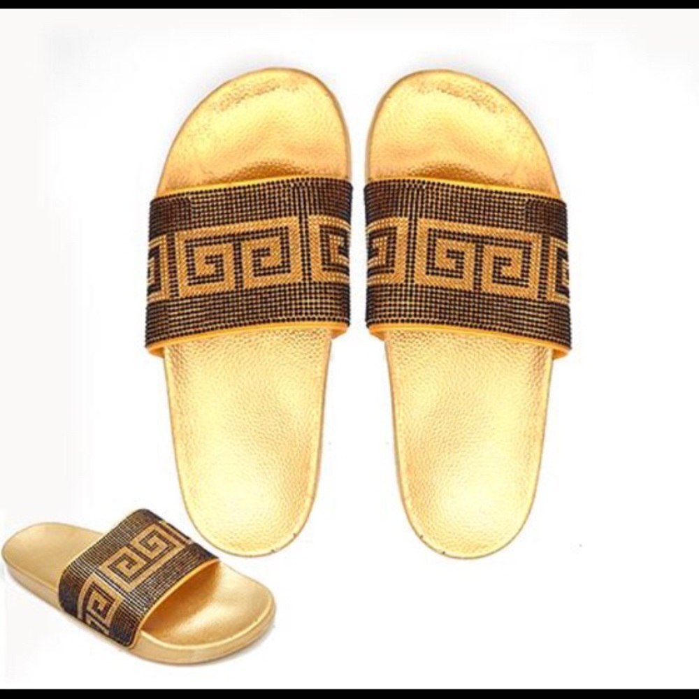 Gold Greek Design Rhinestone Slippers